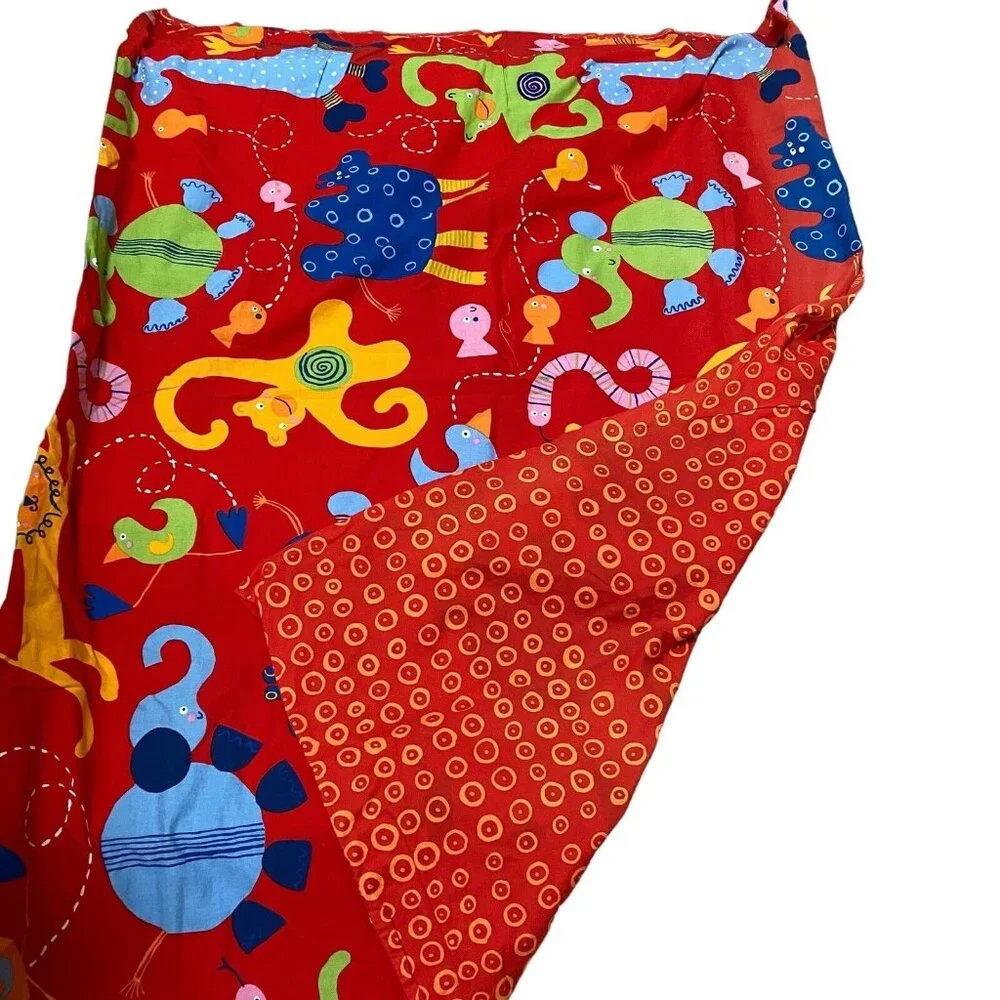 Ikea red duvet curtain‎ drape set zoo animals lion monkey cotton reversible kids